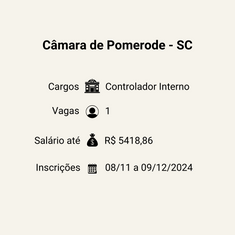 Câmara de Pomerode - SC abre vaga para Controlador Interno em novo Concurso Público