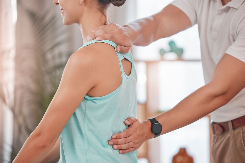 Chiropractor, consultation and woman in physical therapy for her back pain, muscle stress