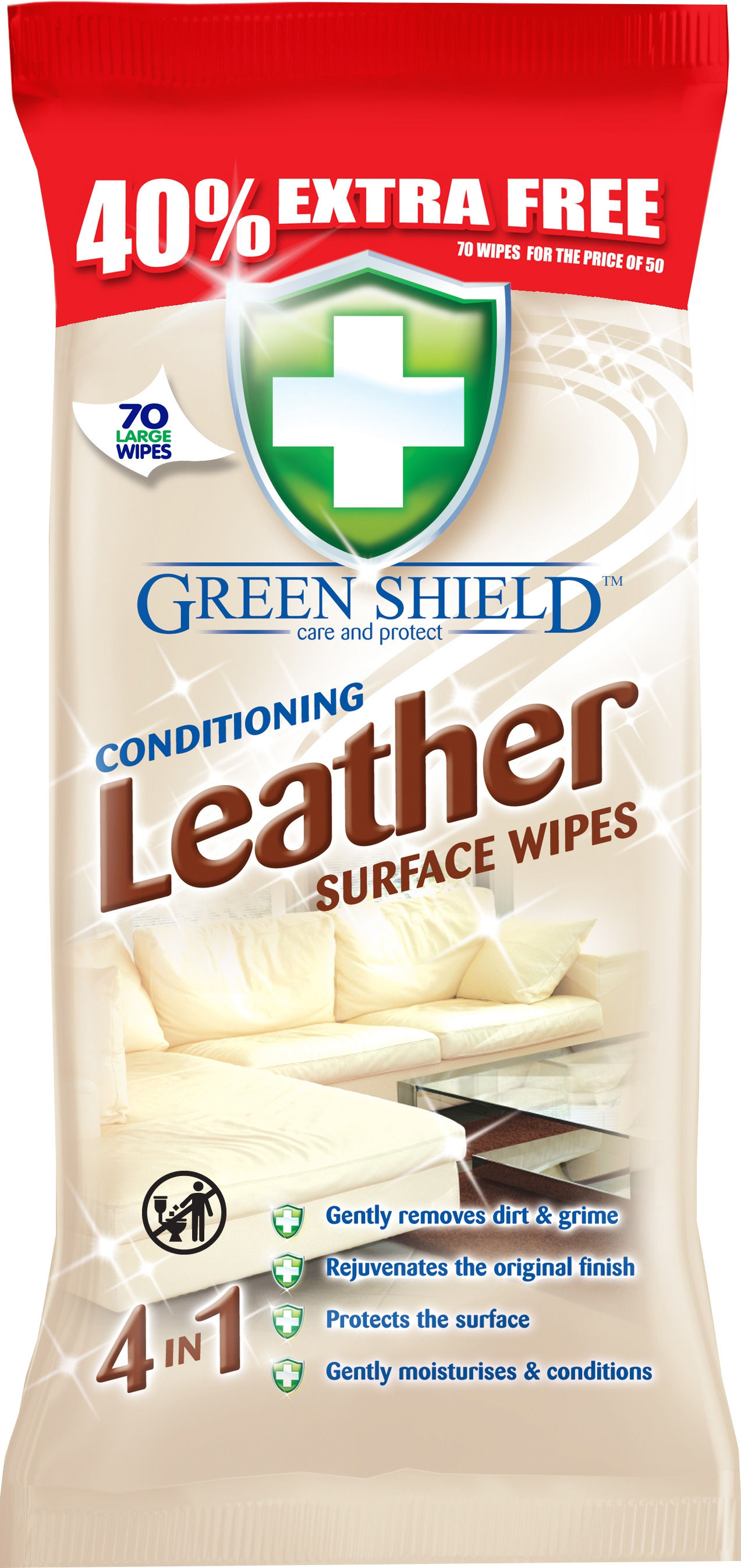 GREENSHIELD LEATHER WIPES 70 SHEETS