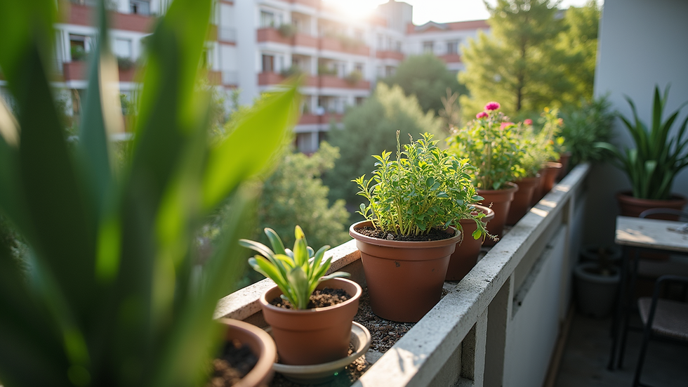Eye-level view of a small urban garden with potted plants on a balcony