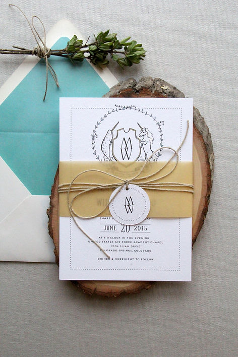 Custom Save the date design with a pen and ink illustration of a narwhal and unicorn crest | Studio AM | studioamdesign.com
