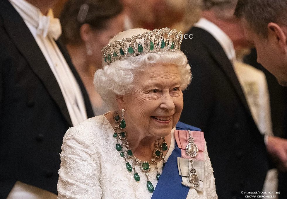 Originally owned by Grand Duchess Maria Pavlovna of Russia, this exquisite diamond fringe tiara was smuggled out of Russia after the 1917 Revolution. Queen Mary purchased it in 1921 and had it adapted so that the diamond drops could be replaced with emeralds from the Cambridge suite. Queen Elizabeth II wore it frequently throughout her reign, often with either pearls or emeralds. One of the most versatile and romantic pieces in the collection, it carries both Romanov and British royal history.