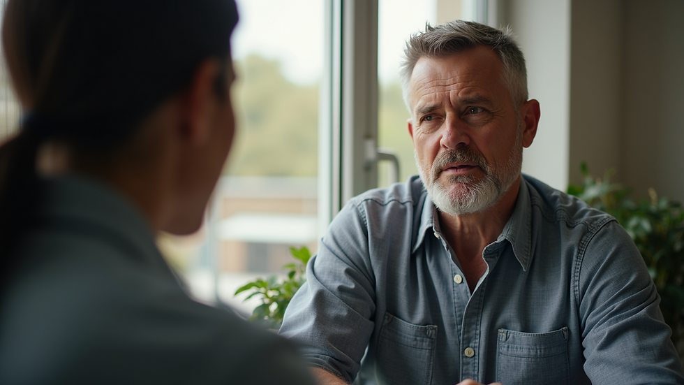 Eye-level view of a veteran receiving support from a counselor
