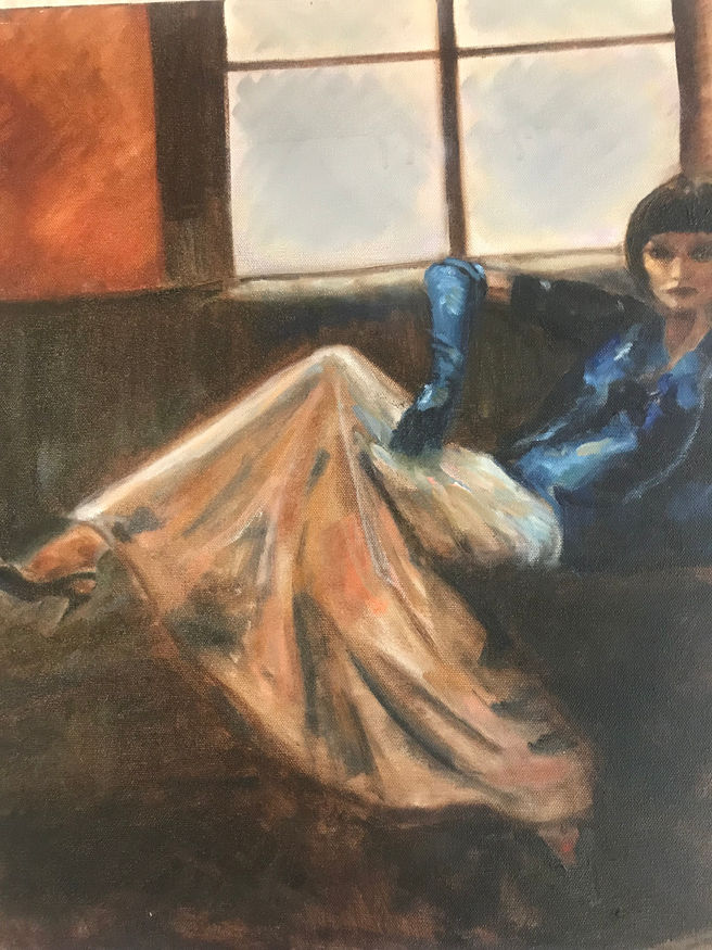 Original figurative oil painting woman lounging in front of window with elbow length gloves