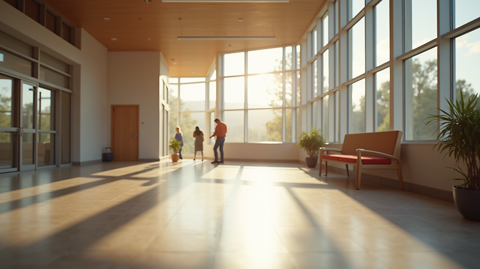 Eye-level view of a beautifully designed community center with large windows and natural light