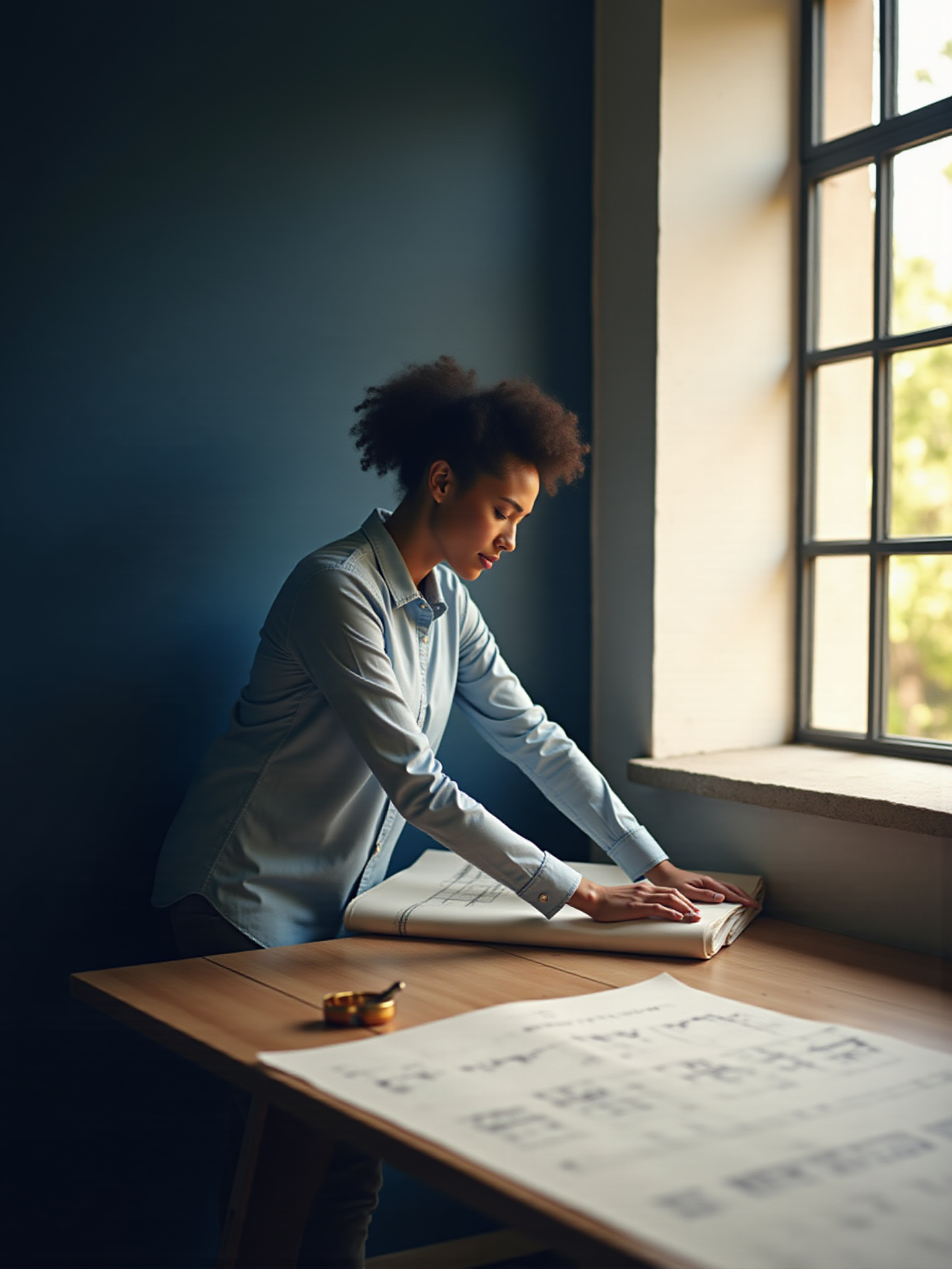 Woman folding fabric at a table by a window