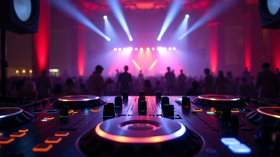 Eye-level view of a DJ setup with speakers and lighting at an event venue