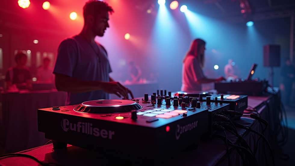 Eye-level view of a mobile DJ setup with speakers and lighting at an event