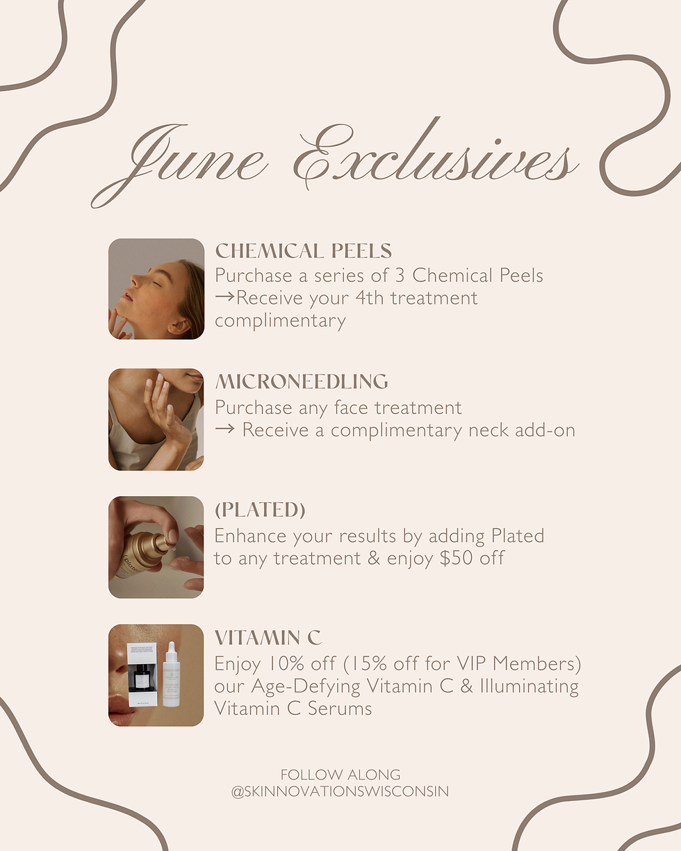 Beige June Exclusives spa promo poster with chemical peels, microneedling, Plated, and vitamin C offers with treatment photos.