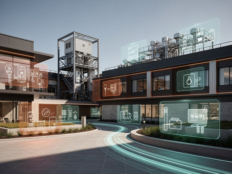 Modern hospital courtyard with digital overlays showing interconnected clinical, building and technology systems, representing OT/IT convergence.