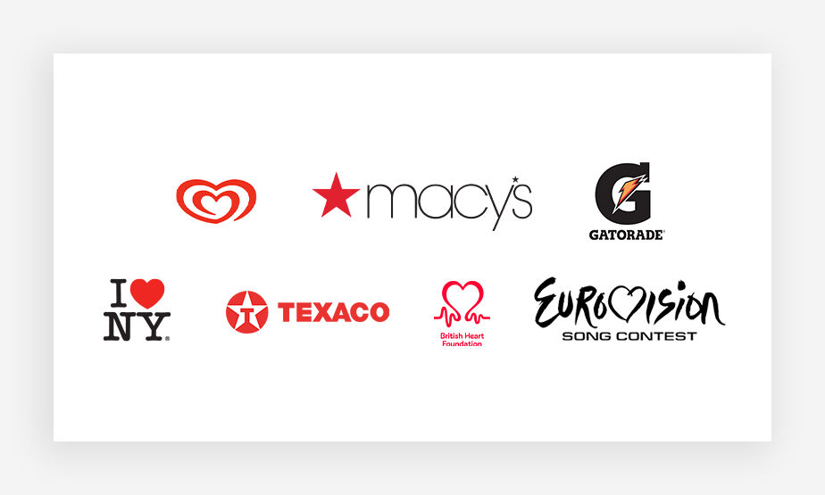 Logo Formen mit kulturellen Symbolen: Lagnese, macy's, Gatorade, I love NY, Texaco, British Heart, Eurovision