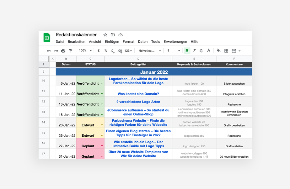 Ansicht des Redaktionskalenders von Wix als Beispiel