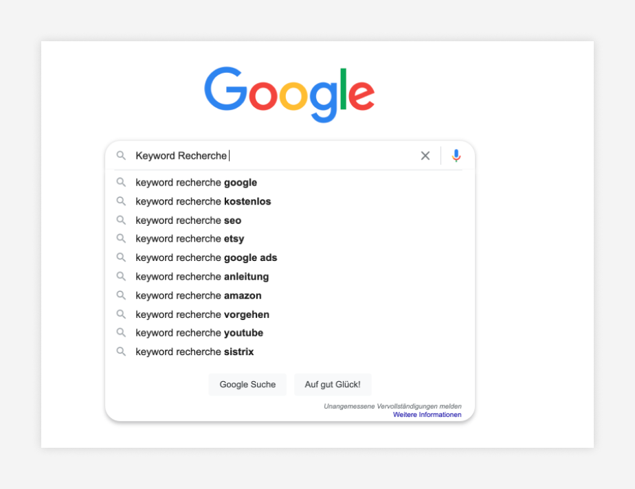 Ansicht einer Googlesuche des Suchbegriffes Keyword Recherche