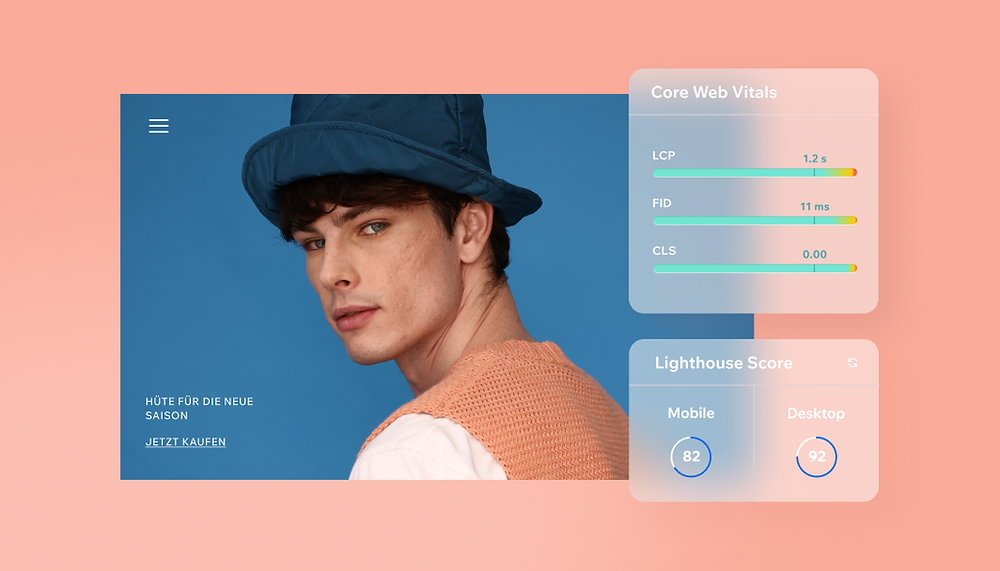 Online-Shop für Hüte mit Model und Core Web Vitals der Website Performance