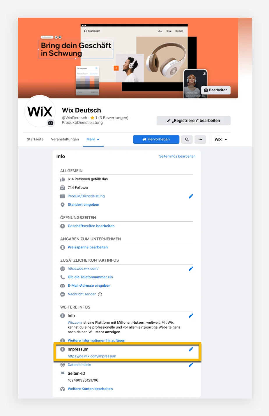 Wix Facebook seite Impressum