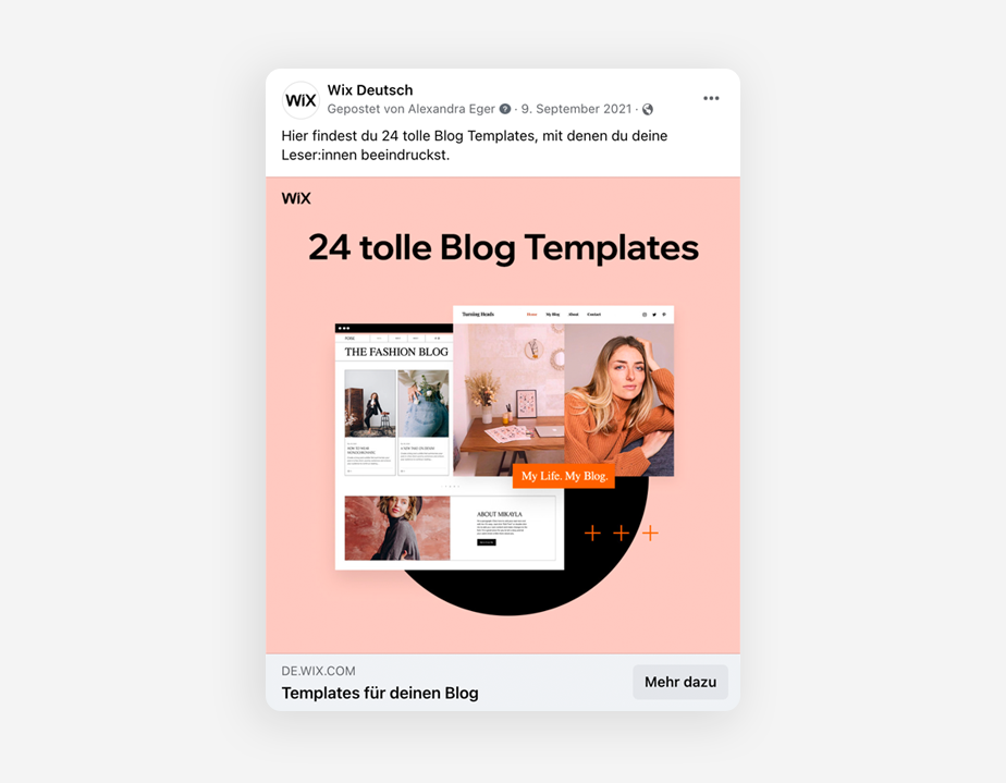 Ansicht eines Facebook Beitrags von Wix zur Promotion eines Blogartikels