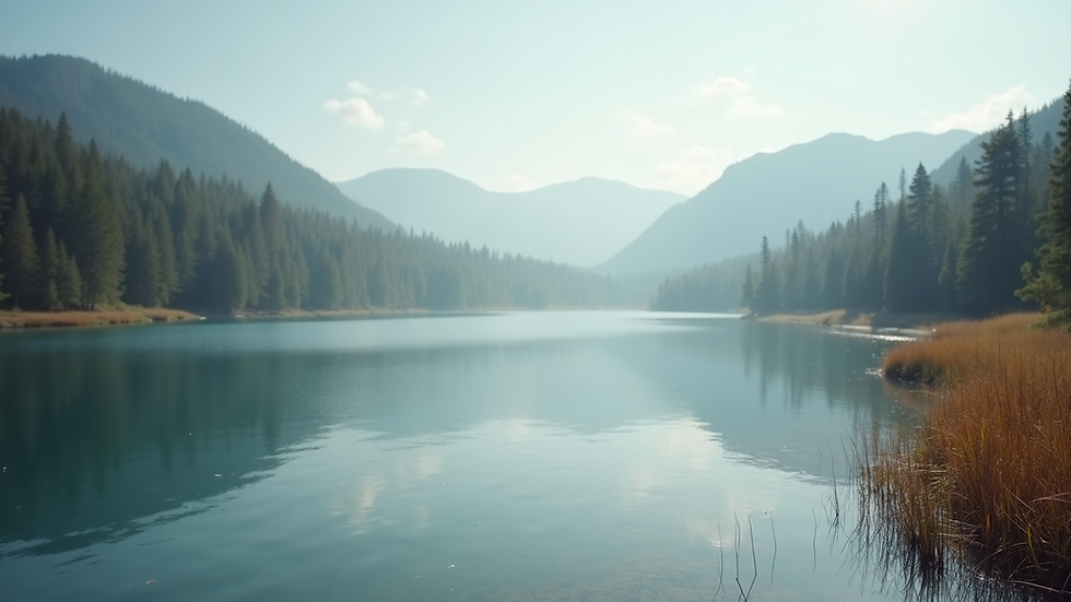 Close-up view of a serene landscape with a calm lake
