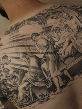 Seitliches Tattoo mit religiöser Darstellung und klassischem Stil
Black and Grey Tattoo einer historischen oder biblischen Szene