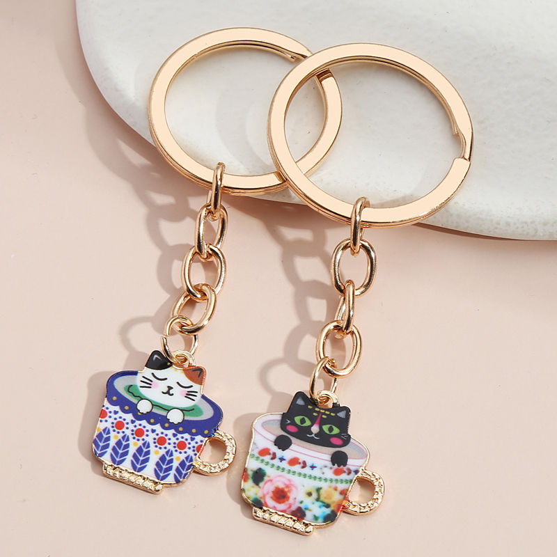 1set(2pcs) Best Friend Keychain Lovely Cat Tea Cup Key Ring Enamel Key Chains Fr