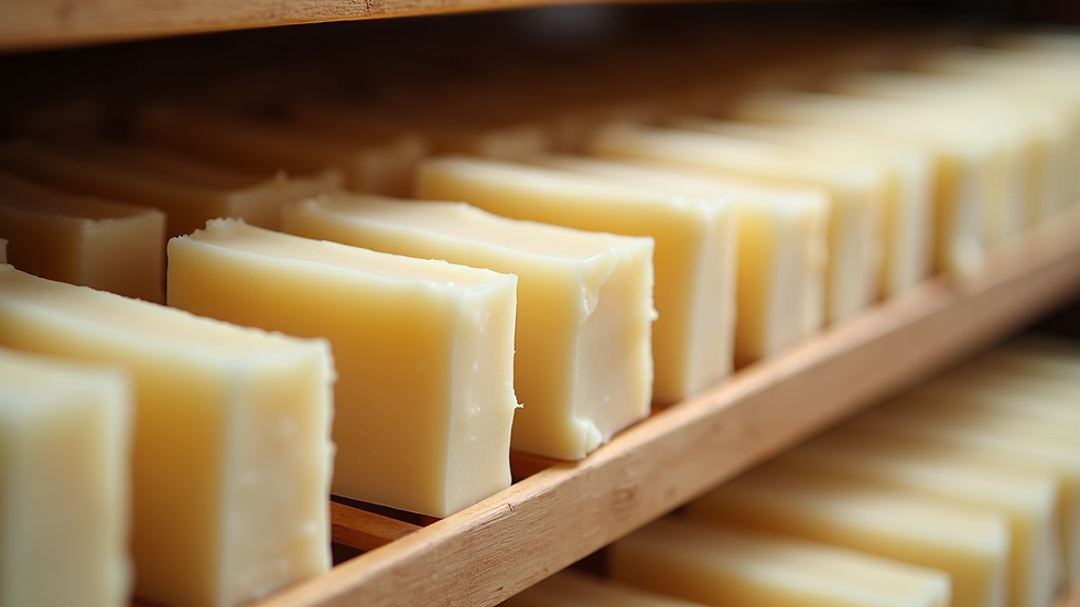 Close-up of handmade goat milk soap bars drying on a wooden rack