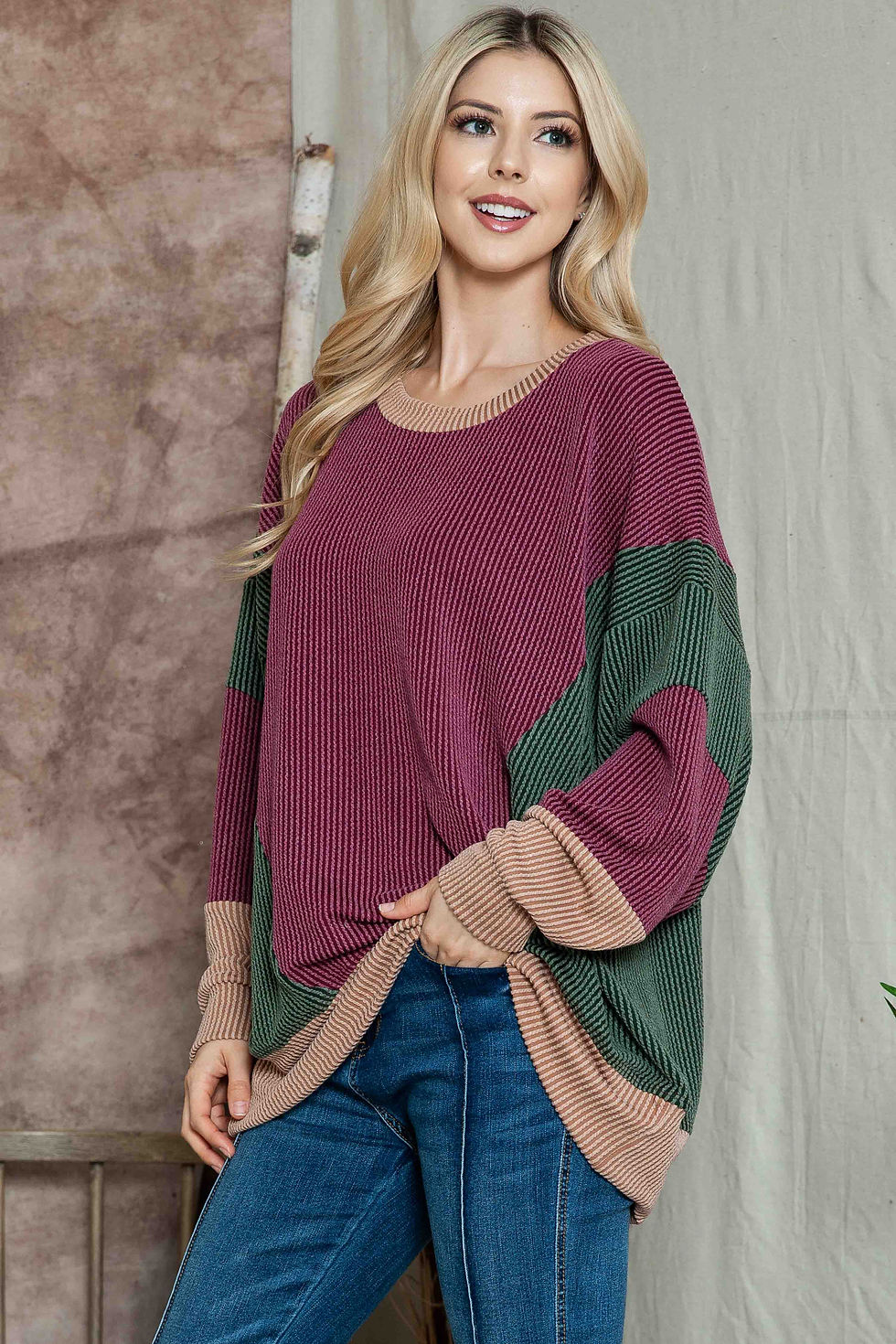 Thumbnail: OVERSIZED COLOR BLOCK TUNIC PULLOVER