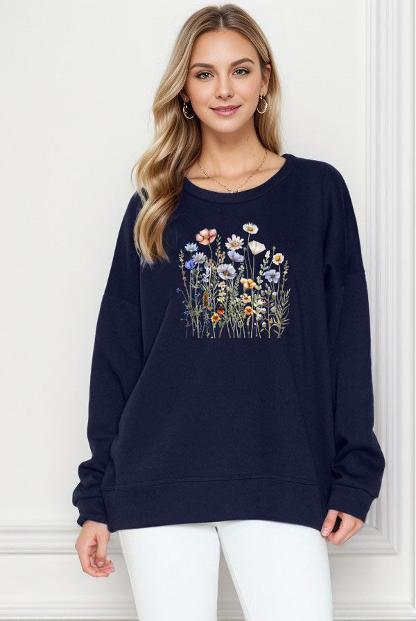 Thumbnail: SOLID FLEECE SWEATSHIRT WITH FLOWERS PRINT