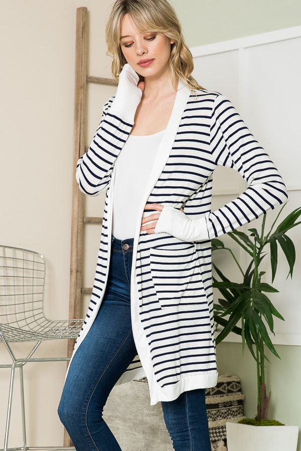 Thumbnail: MIDI STRIPE OPEN CARDIGAN WITH THUMB HOLE (1-2-2-1)