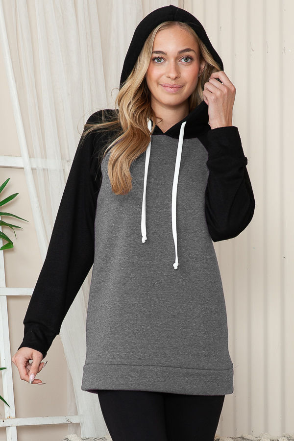 Thumbnail: SOLID HOODIE SWEATSHIRT WITH COLOR  BLOCK SLEEVES