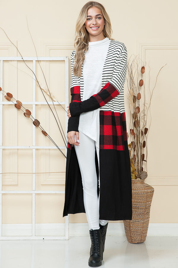 Thumbnail: MAXI STRIPE AND PLAID COLOR BLOCK OPEN CARDIGAN