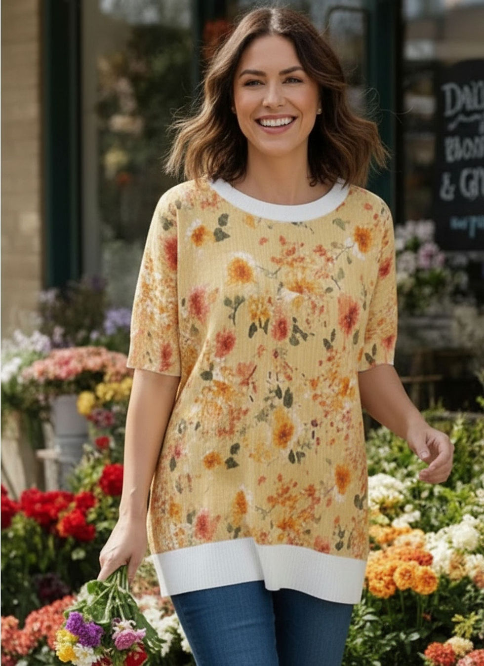 Thumbnail: SHORT SLEEVE FLORAL SWEATSHIRT WITH SIDE SLIT
