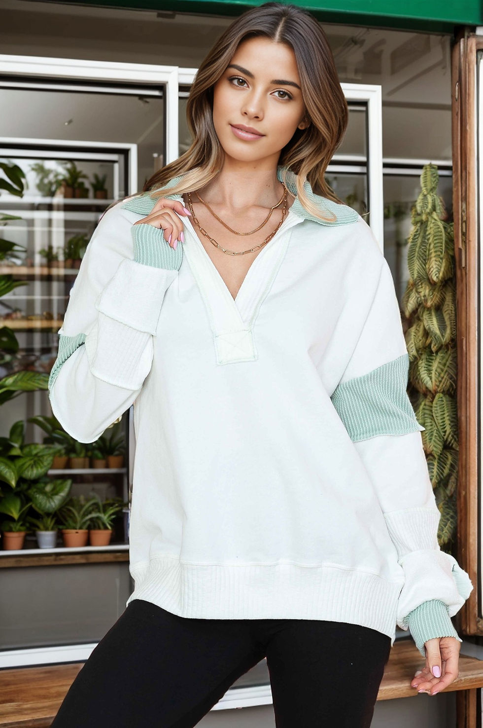 Thumbnail: SOLID LOOSE FIT TOP WITH WAVE RIB CONTRAST