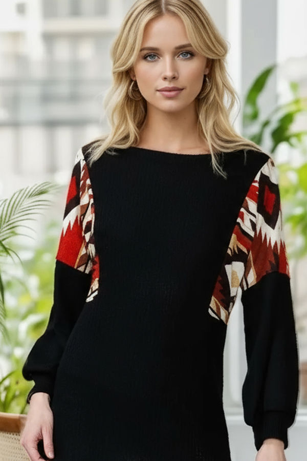 Thumbnail: SOLID WAFFLE TUNIC TOP WITH AZTEC CONTRAST