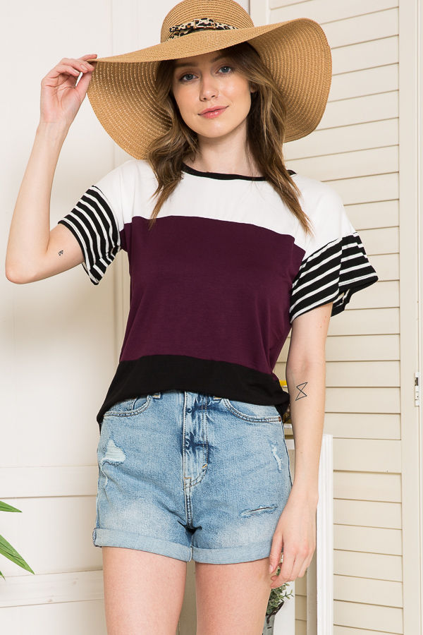 Thumbnail: COLOR BLOCK TUNIC TOP WITH STRIPE SLEEVES (2-2-2)