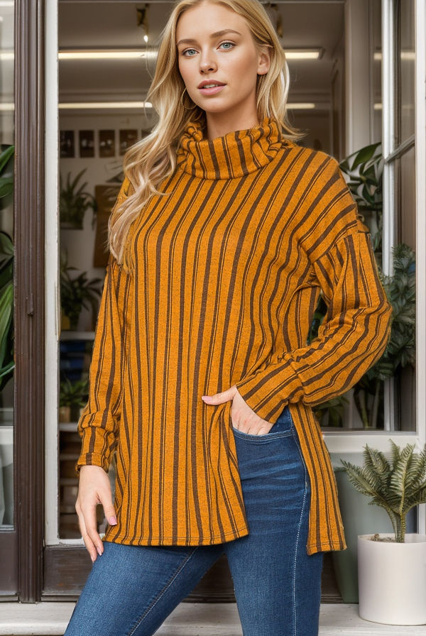 Thumbnail: VERTICAL STRIPE TURTLE NECK TUNIC TOP SIDE SLIT