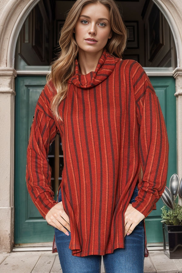 Thumbnail: VERTICAL STRIPE TURTLE NECK TUNIC TOP SIDE SLIT
