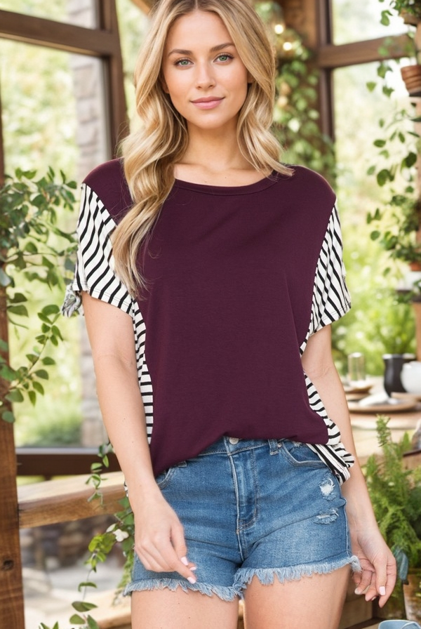 Thumbnail: SHORT SLEEVES SOLID TOP WITH STRIPE CONTRAST