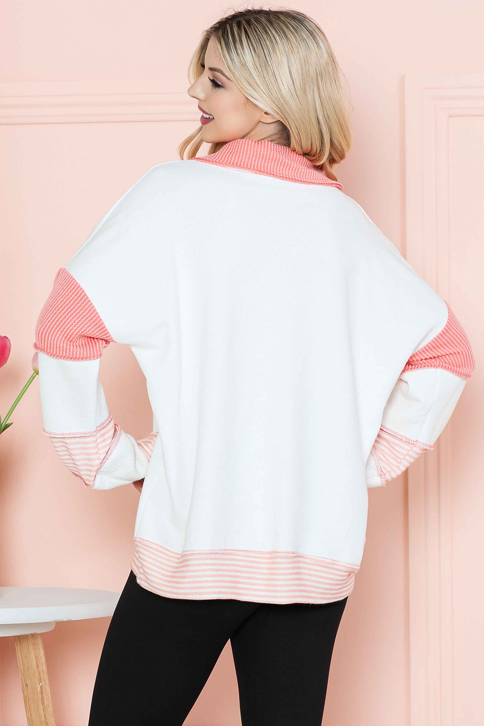 Thumbnail: SOLID LOOSE FIT TOP WITH STRIPE CONTRAST