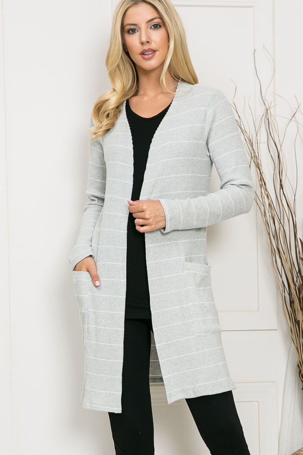 Thumbnail: STRIPE MIDI OPEN CARDIGAN WITH SIDE POCKETS