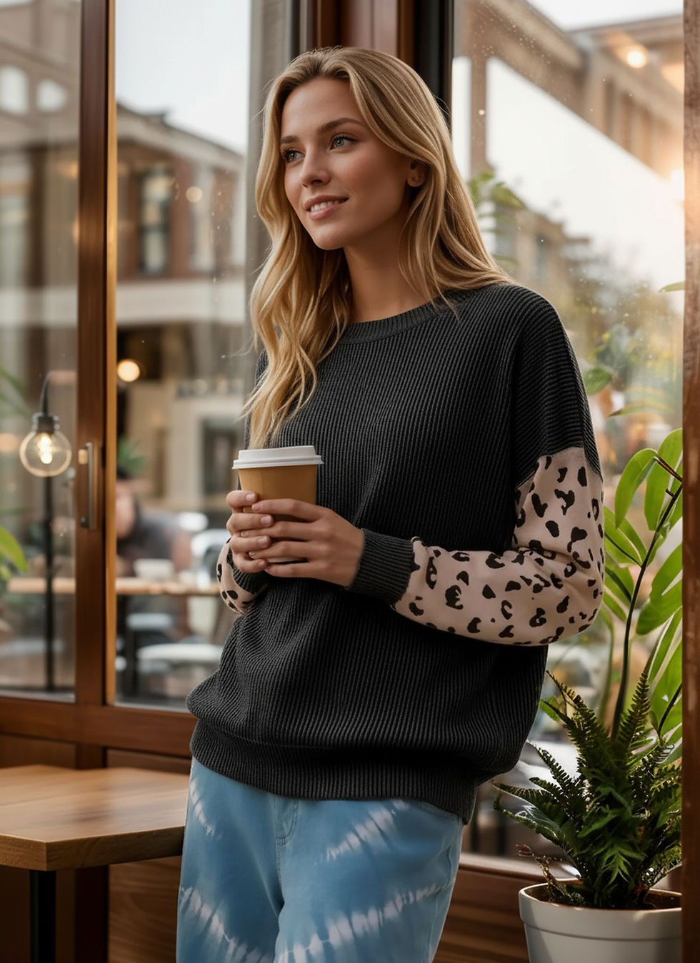 Thumbnail: Casual, cozy knit wave rib body with mesh sleeves