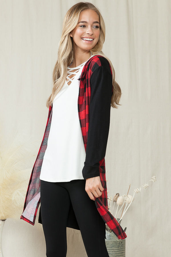 Thumbnail: HOODED OPEN CARDIGAN WITH PLAID CONTRAST