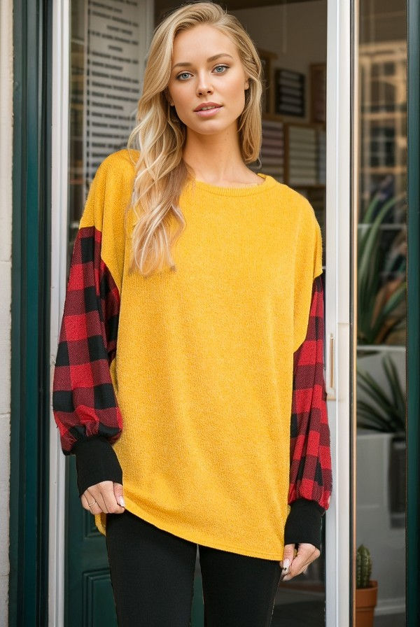Thumbnail: SOLID TUNIC TOP WITH PLAID SLEEVES