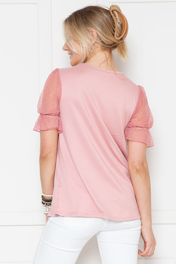 Thumbnail: SOLID TUNIC TOP WITH BUBBLE SWISS DOT MESH SLEEVES