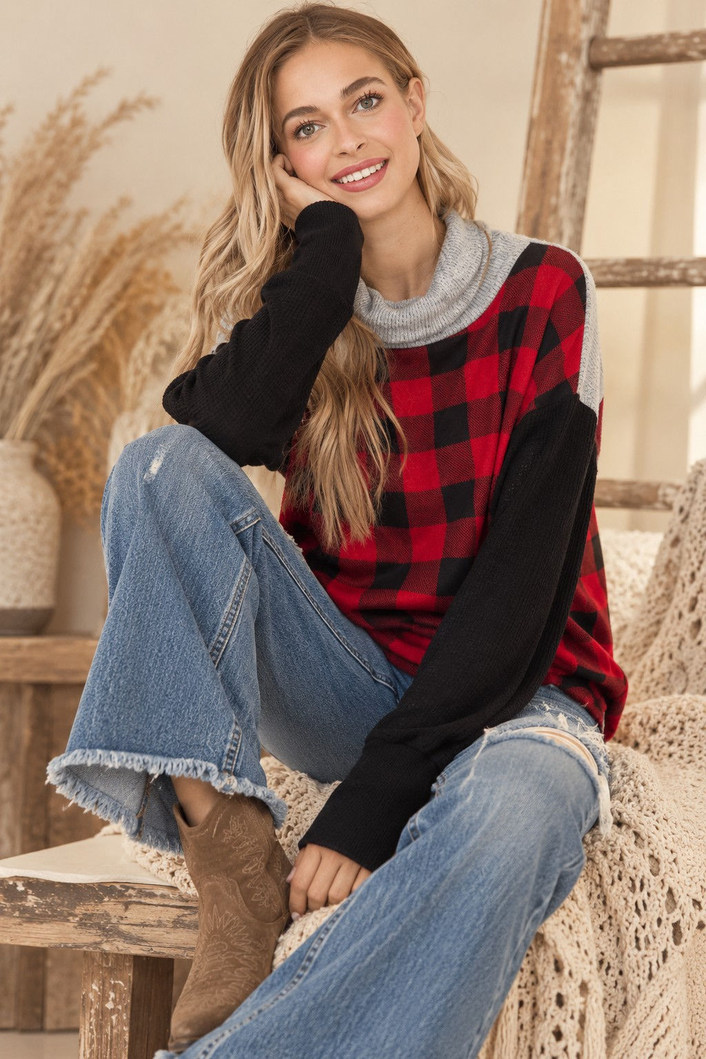 TURTLE NECK PLAID AND SOLID COLOR BLOCK TUNIC TOP