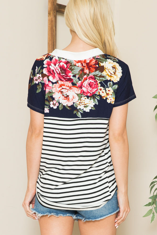 Thumbnail: V-NECK STRIPE AND FLORAL COLOR BLOCK TUNIC TOP