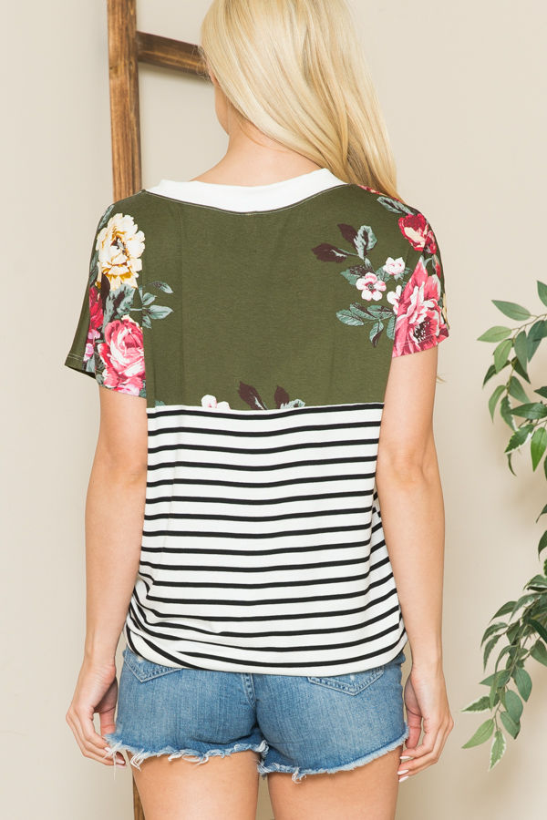 Thumbnail: V-NECK STRIPE AND FLORAL COLOR BLOCK TUNIC TOP