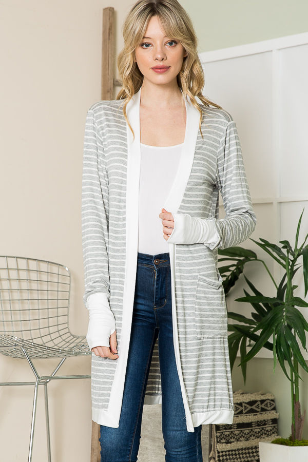 Thumbnail: MIDI STRIPE OPEN CARDIGAN WITH THUMB HOLE (1-2-2-1)