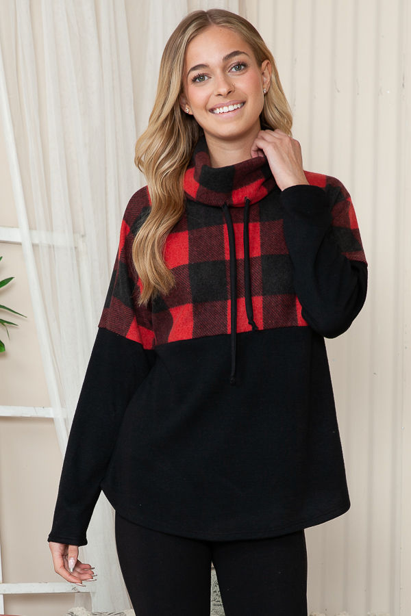 TURTLE NECK PLAID AND SOLID COLOR BLOCK TUNIC