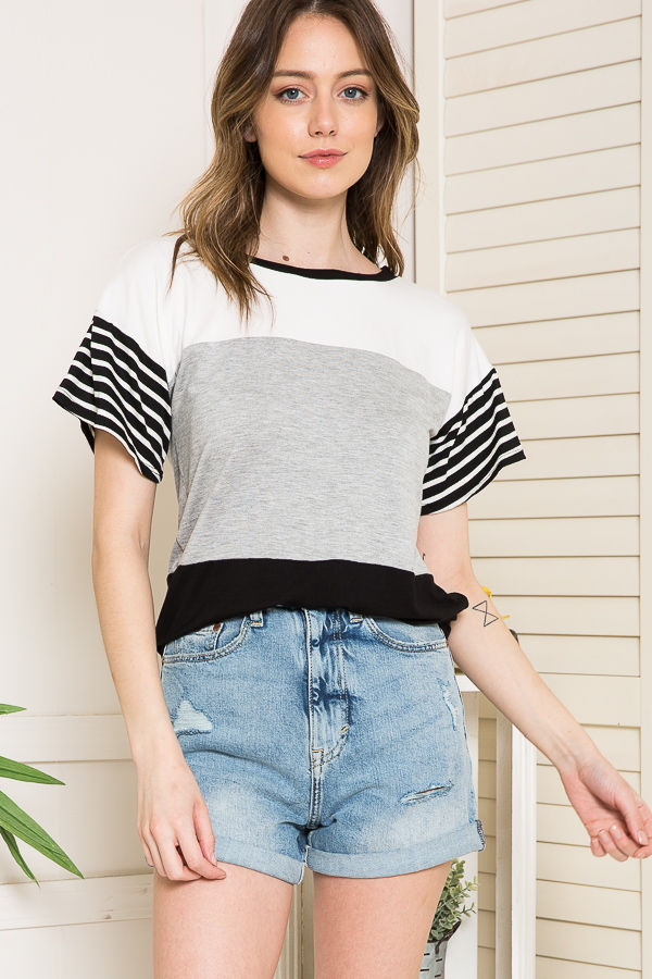 Thumbnail: COLOR BLOCK TUNIC TOP WITH STRIPE SLEEVES (2-2-2)