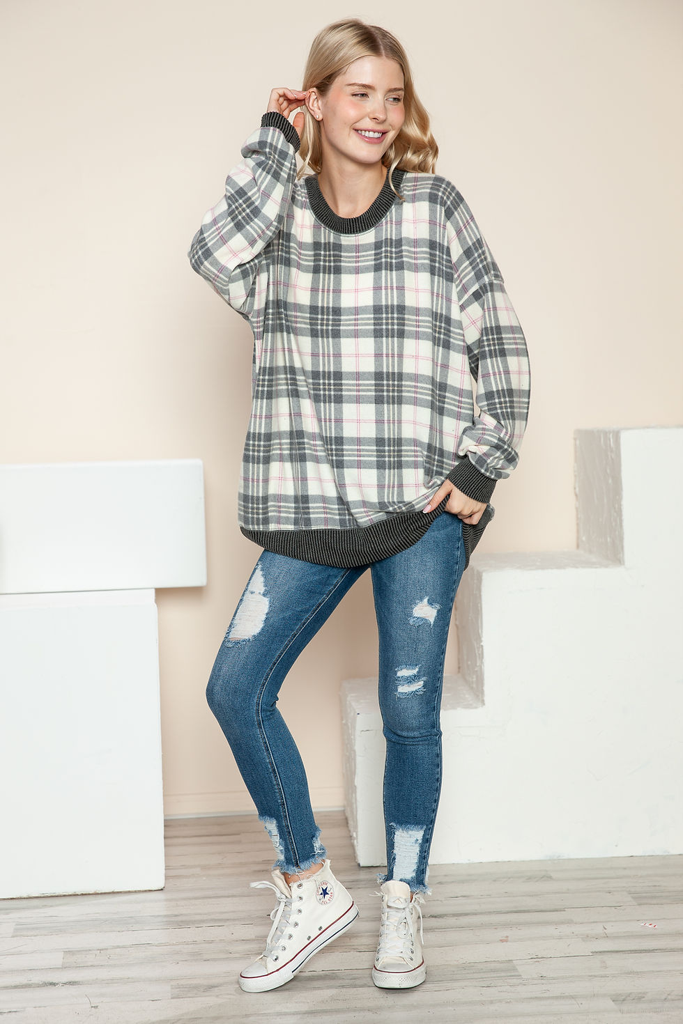 Thumbnail: BRUSHED PLAID PRINT OVERSIZED SWEATSHIRT