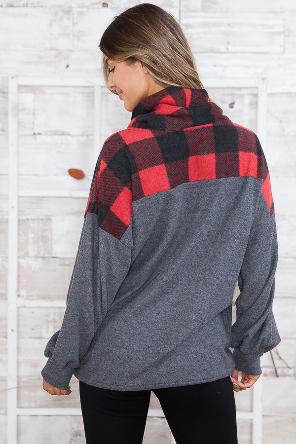Thumbnail: TURTLE NECK SOLID TUNIC TOP WITH PLAID CONTRAST